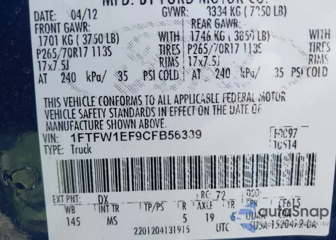 2012 Ford F-150 Xlt из США, поврежденный, VIN 1FTFW1EF9CFB56339